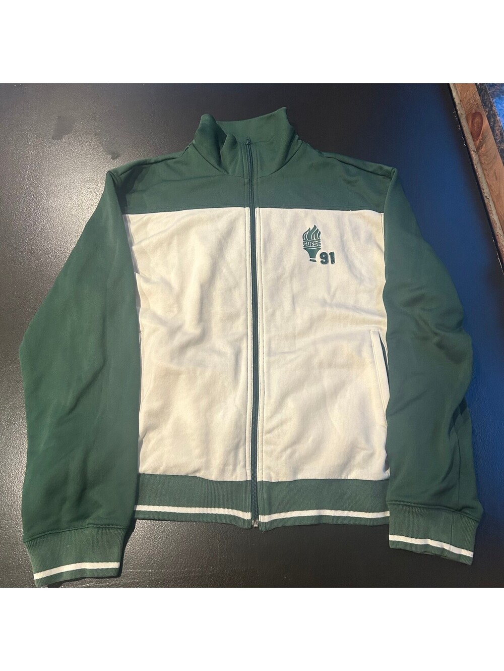 Vintage sick full zip track jacket Guess 91 Green and White Track Jacket XL